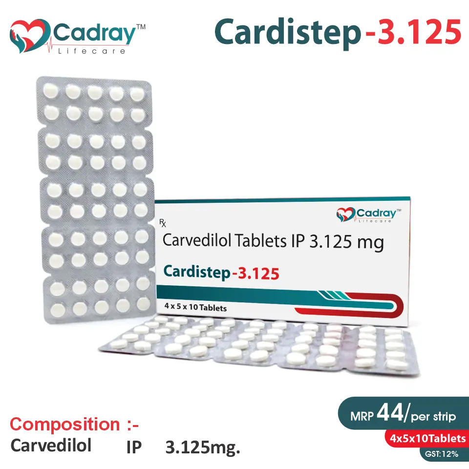 Cardistep 3.125 Tablet supports heart failure & hypertension with Carvedilol 3.125mg. WHO GMP certified, available at the best price for PCD pharma franchise & third-party manufacturing.